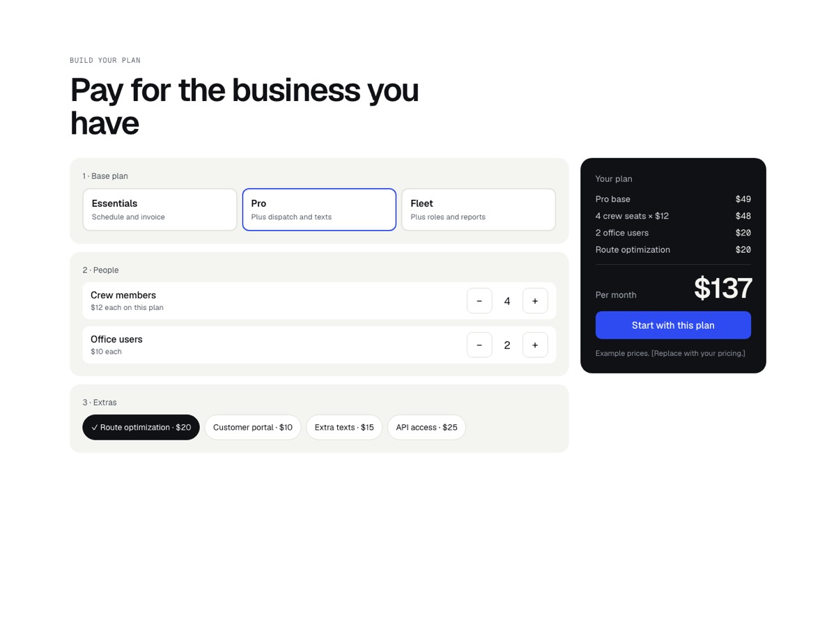 Screenshot of the Pricing / Plan builder section